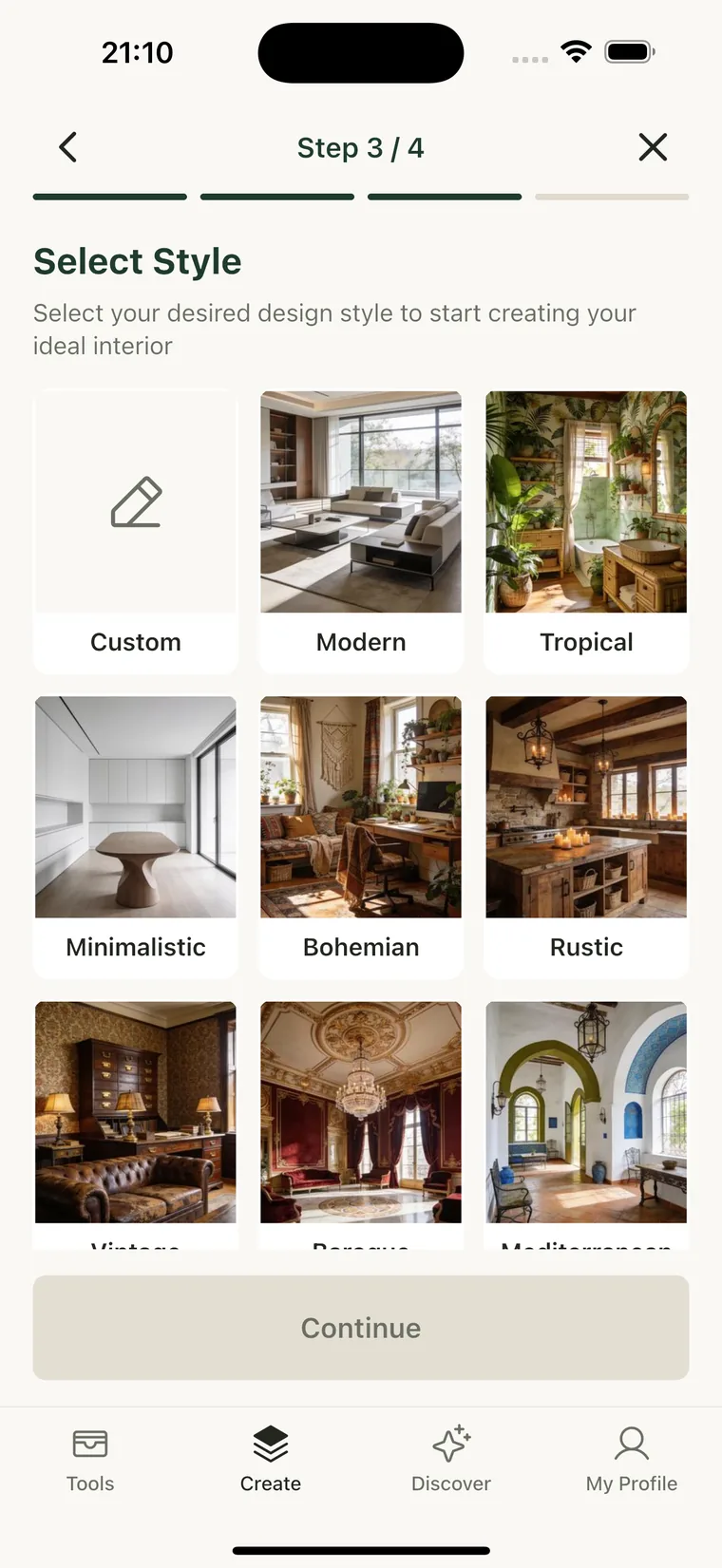 Choosing a style in Roomture