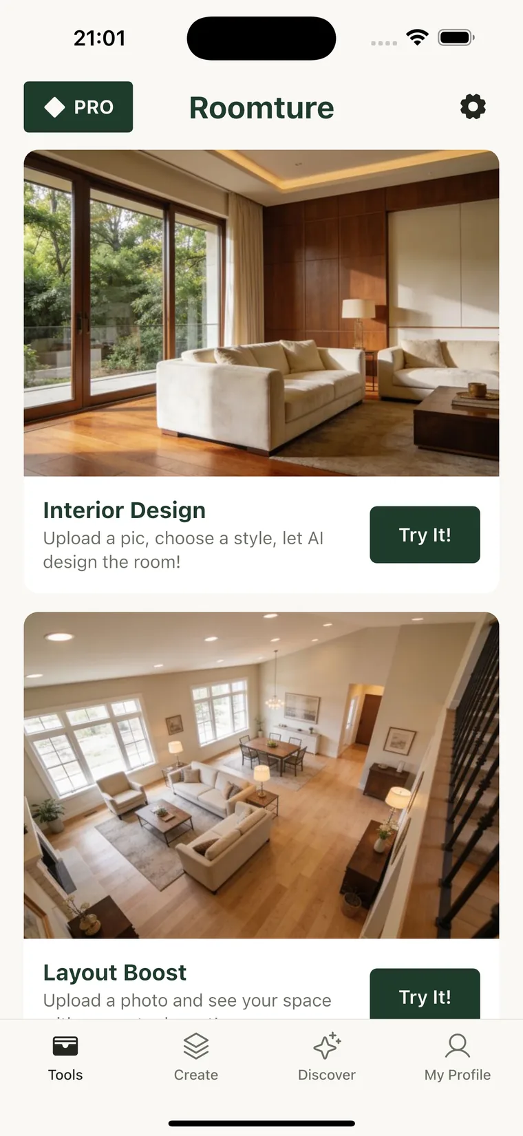 The Roomture tools screen